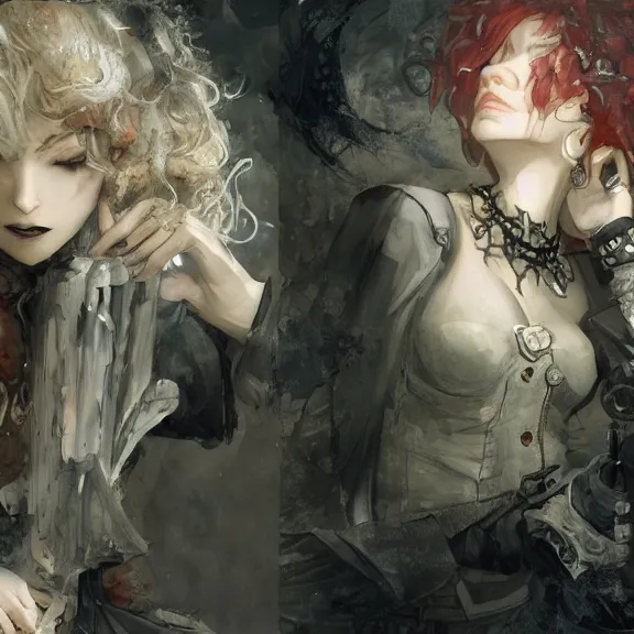 Image similar to christina hendricks!!!!! goth!!!!!, tankoban, 4 k, tone mapping, akihiko yoshida, james jean andrei riabovitchev marc simonetti, yoshitaka amano, long hair, curly, h. hydrochaeri