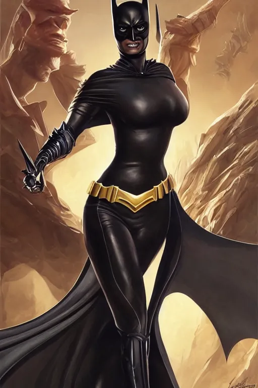 Image similar to Ivanka trump as a heroine in b/ack leather, batman batgirl, amazing body curves, intricate, elegant, highly detailed, centered, digital painting, artstation, concept art, smooth, sharp focus, illustration, art by artgerm and donato giancola and Joseph Christian Leyendecker, Ross Tran, WLOP