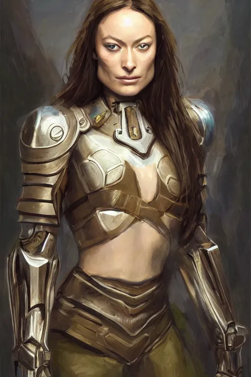 Image similar to a professional painting of a young Olivia Wilde, clothes in military armor, olive skin, long dark hair, beautiful bone structure, symmetrical facial features, intricate, elegant, digital painting, concept art, smooth, sharp focus, illustration, from StarCraft by Ruan Jia and Mandy Jurgens and Artgerm and William-Adolphe Bouguerea