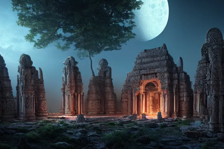 Image similar to beautiful hyperrealistic hyperdetailed epic hdr 3 d render by octane of the mysterious intricate ruins of a temple from an advanced alien starwars civilization under the crescent moon by alejandro burdisio, dramatic lighting