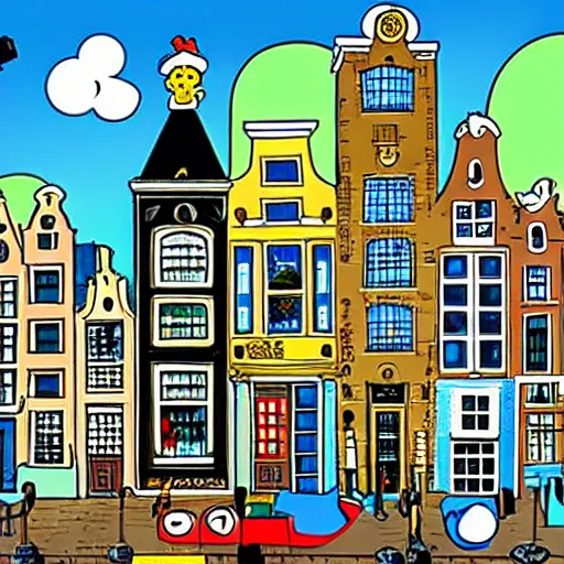 Image similar to amsterdam in the style of herge, tintin