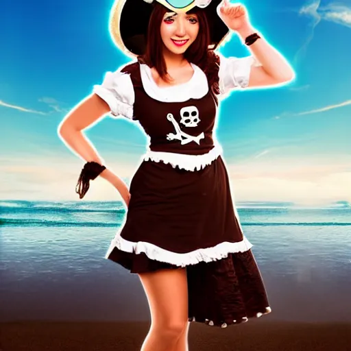 Prompt: dancing brunette milk maid woman wearing a pirate hat shore seascape in the style of Ross Tran