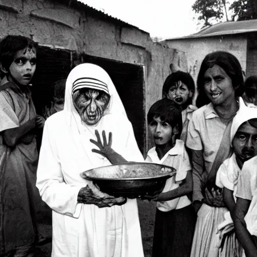 Image similar to zombie mother teresa giving food out at an orphanage