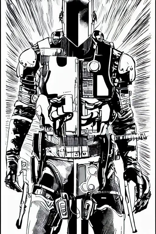 Image similar to gray fox from metal gear solid, a page from cyberpunk 2 0 2 0, style of paolo parente, style of mike jackson, adam smasher, johnny silverhand, 1 9 9 0 s comic book style, white background, ink drawing, black and white, colouring pages