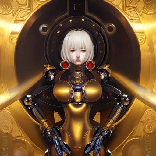 Image similar to anime girl robot warhammer 4 0 k emperor, gold, portrait, intricate, elegant, highly detailed, digital painting, artstation, concept art, wallpaper, smooth, sharp focus, illustration, art by h. r. giger and artgerm and greg rutkowski and alphonse mucha