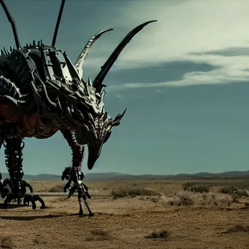 Image similar to cinematic still of westworld, a intact stunning intricate si - fi robotic fantasy dragon, well armored mech dragon, highly detailed