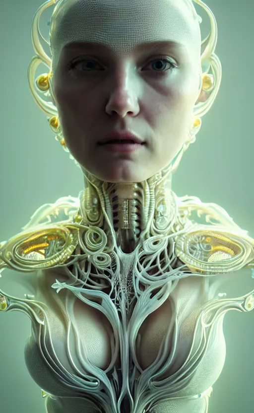 Image similar to intricate hyper detailed ultra sharp 3 d render of a beautiful smooth translucent porcelain seductive cyborg woman portrait, medium shot portrait, bright light, alexandre ferra mecha, haute couture cyberpunk art nouveau huge white fractal mycelum and fungi magnolia goliath head ornaments, big embroidered leaves filigree sinuous roots, octane render, volumetric cinematic lighting, 8 k, vray tracing