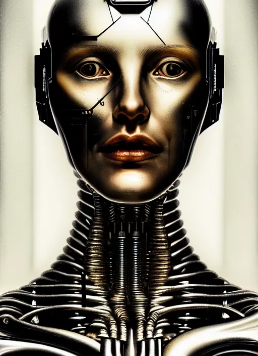 Image similar to a young beautiful female cyborg profile face, by h. r. giger, by ismail inceoglu, by kiki smith, glamor shot, vintage, closeup, f / 2. 8, low contrast, 1 6 k, rim lighting, cinematic lighting, insanely detailed and intricate, hypermaximalist, elegant, ornate, hyper realistic, super detailed