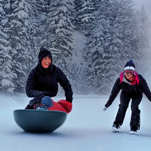 Prompt: Pogg and Yuurei sledding in Canada, 4k, sharp focus,ink art, greg rutkowski