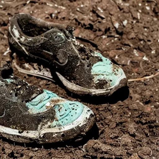 Prompt: a pair of extremely dirty rotten decomposed nike sneakers with worms and beetles on them, disgusting, dirt, mud, moss, trashed, shit