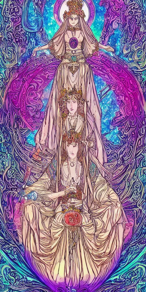 Image similar to a mystical woman priestess sitting on a throne, the divine feminine, drawn by studio UFOTABLE, psychedelic, fine line work, pastel colors, Tarot cards. The empress tarot card, detailed