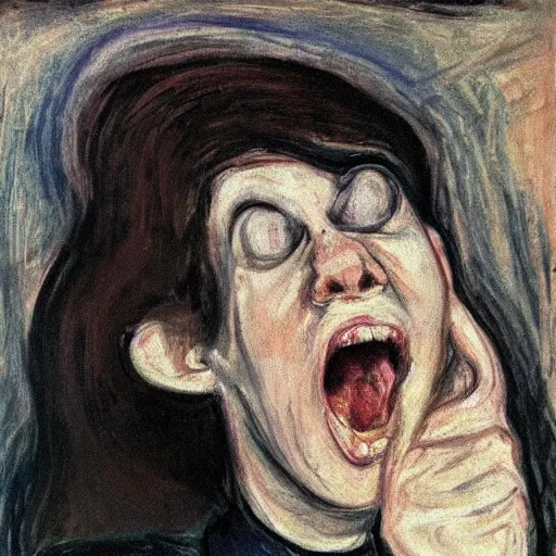 Prompt: portrait of a pale and thin, sickly - looking person of mixed ethnicity uttering a silent scream in the style of edvard munch's painting the scream