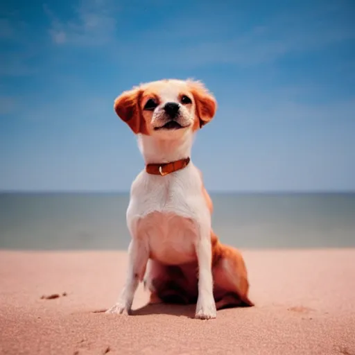 Image similar to a small dog sitting on top of a sandy beach, a picture by wes anderson, shutterstock contest winner, dau - al - set, sense of awe, angelic photograph, majestic