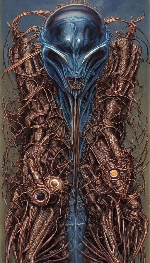 Image similar to Elden Ring and Guyver themed painting of symmetrical torso alien dissection anatomy with crossed hands concept, intricate artwork by H.R. Giger, Johnatan Wayshak, Zdizslaw Beksinski, Ayami Kojima, Amano, Karol Bak, Moebius, and Mark Brooks, Neo-Gothic, gothic, rich deep colors, art by Takato Yamamoto, masterpiece, face by Artgerm, very coherent artwork, cinematic, hyper realism, high detail, octane render, unreal engine, 8k, High contrast, golden ratio, trending on cgsociety