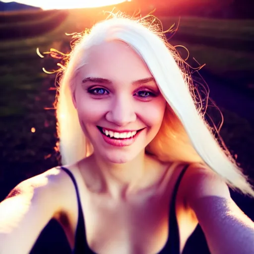 Image similar to beautiful selfie of a cute thin young woman smiling smugly, long light platinum blonde hair, flushed face, heart - shaped face, blue eyes, golden hour, 8 k, instagram