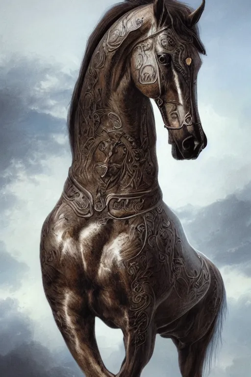 Image similar to 3 quarter view photography portrait of a prince stalion horse , organed, tatooed, intricate details, muscles, elegant, divine, illustrated by greg rutkowski and Akira Saito and Peter mohrbacher, 4k,