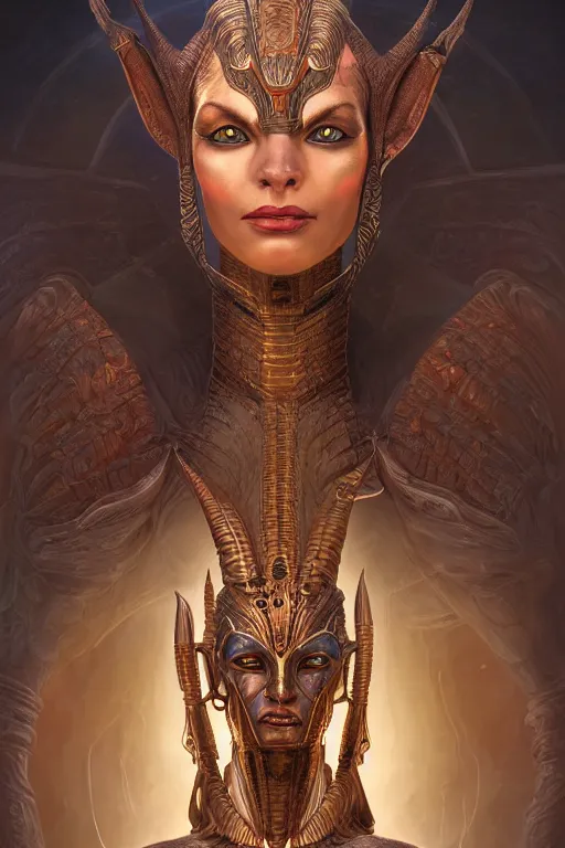 Image similar to portrait of a beautiful female atlantean anubis alien warrior, regal, realistic, refined, detailed digital art, oil painting, michael cheval, esao andrews, art frahm, steampunk, walt disney ( 1 9 3 7 ), highly detailed, cinematic lighting, unreal engine, 8 k, hd