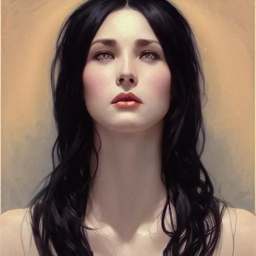 Image similar to a black haired woman with pale skin and dark eyes, intricate, elegant, highly detailed, digital painting, artstation, concept art, smooth, sharp focus, illustration, art by artgerm and greg rutkowski and alphonse mucha