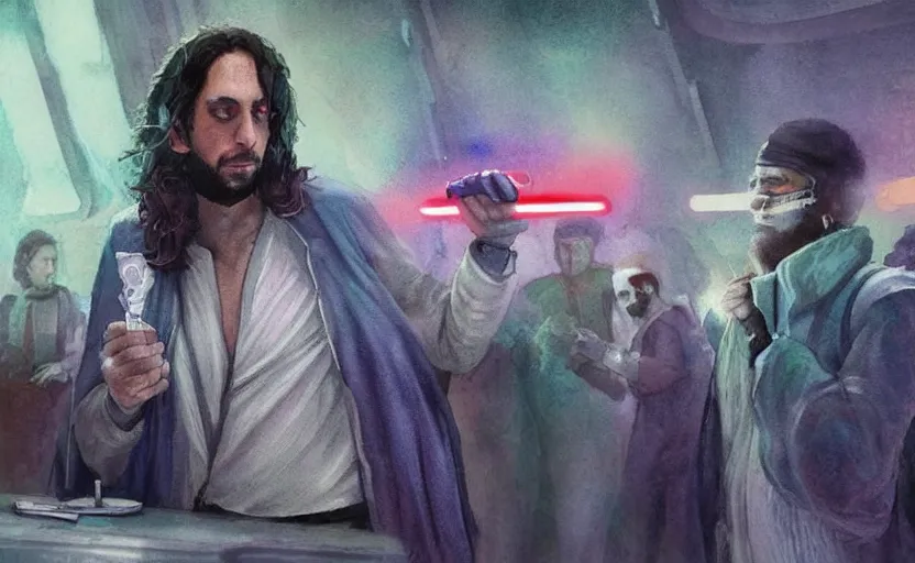 Image similar to a realistic star wars watercolor fantasy concept art of a drug dealer that looks like chris d'elia in a sleazy futuristic bar of coruscant, hq, 4 k