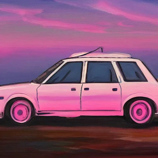 Prompt: an old white 1 9 8 0 s car parked off the road, sunset, ocean in distance, pink, oil painting, pale colors, high detail, 8 k, wide angle, trending on artstation,