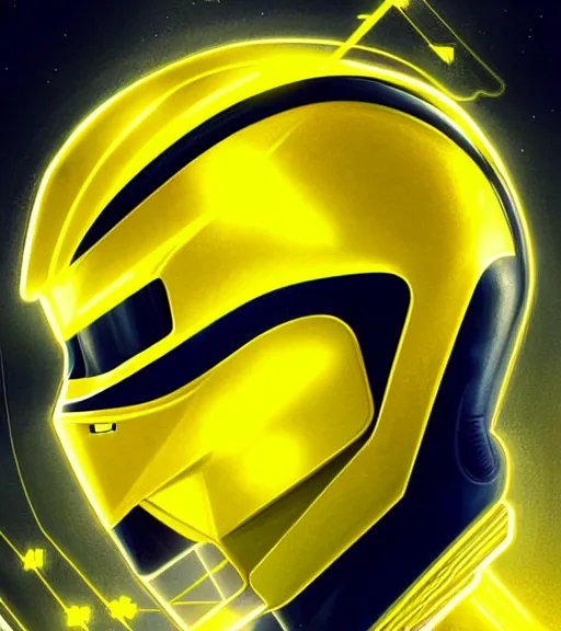 Prompt: symmetry!! yellow ranger, lightning - bolt - shaped helmet!!, hard edges, product render retro - futuristic poster scifi, lasers and neon circuits, yellow ranger, intricate, elegant, highly detailed, digital painting, artstation, concept art, smooth, sharp focus, illustration, dreamlike, art by artgerm