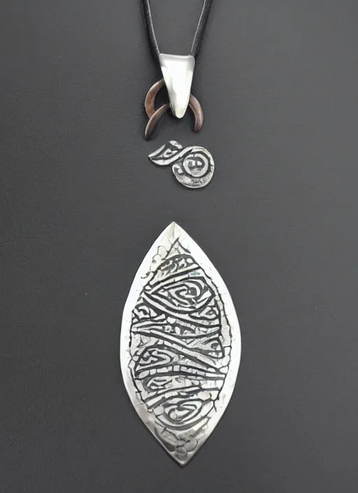 Prompt: Amulet Of Wave inlaid in silver on a young beautiful woman neck, realistic, clean,