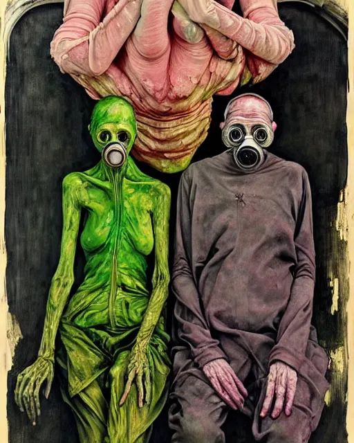 Image similar to two skinny old people with extra limbs, wearing gas masks and robes of gold, green and pink, cinematic, dystopian, eerie, horror, gothic, highly detailed painting by Jenny Saville, Esao Andrews, Francis Bacon, !!!Edward Hopper!!! surrealism, art by Takato Yamamoto and James Jean