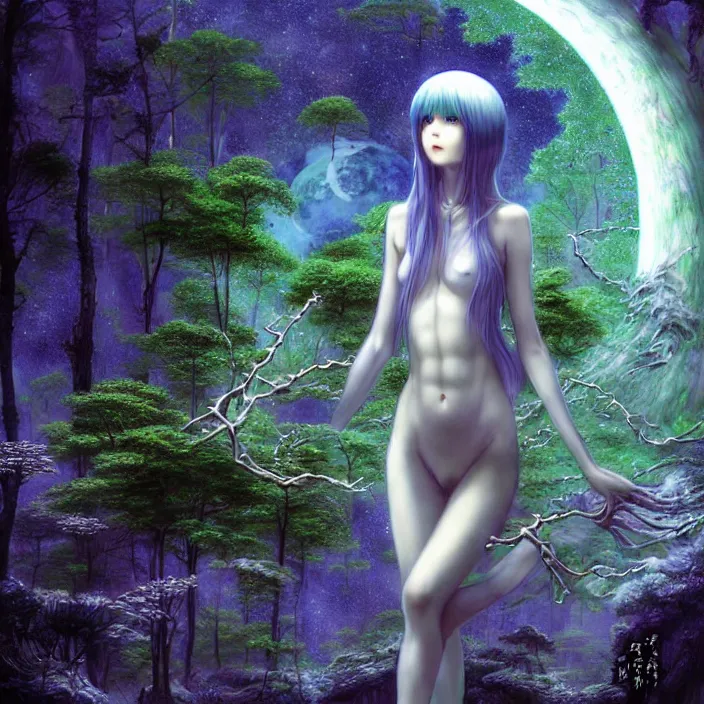 Image similar to dreamscape forest rei ayanami with horns, the moon in the woods, earth from the moon, fractal, liminal space, Japan Lush Forest, Leviathan awakening from Japan in a Radially Symmetric Alien Megastructure turbulent bismuth glitchart Luminism Romanticism by John William Waterhouse Atmospheric Cinematic Environmental & Architectural Design recusion mandelbulb fractal wisdom acrylic pouring