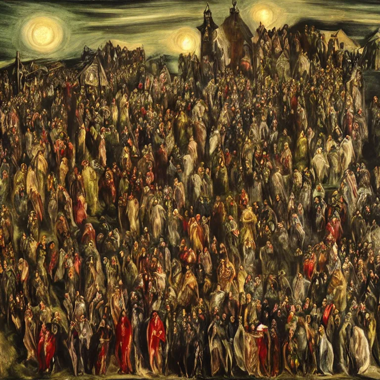 Image similar to A Holy Week procession of souls in a Spanish green village at night. A figure at the front holds a cross, trending on artstation, highly detailed, 50mm, by El Greco, Remedios Varo y Salvador Dali.