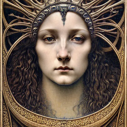 Image similar to detailed realistic beautiful young medieval queen face portrait by jean delville, gustave dore and marco mazzoni, art nouveau, symbolist, visionary, gothic, pre - raphaelite, art forms of nature by ernst haeckel, memento mori by zdzisław beksinski, horizontal symmetry