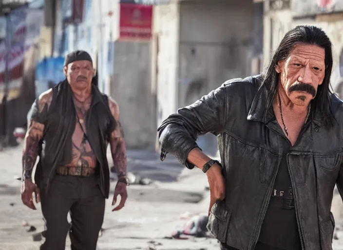 Prompt: film still of Danny Trejo roaming the dirty streets in the new Deathwish, 4k