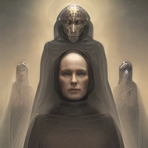 Image similar to sci - fi portrait of bene gesserit order sister by jean delville and rafael santi, baroque, intricate, hyperealistic, photoreal, 8 k resolution, highly detailed, proffesional illustration, high contrast, ambient occlusion, octane render, unreal engine 5