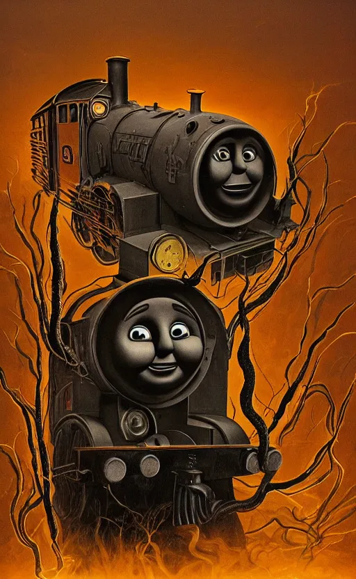 Image similar to thomas the tank engine in style of zdzisław beksinski, extremely dramatic lighting, 8 k, tendrils, black, darkness, black slime tendrils, infected, rust, body horror, thomas the train, thomas the tank engine face, horror,