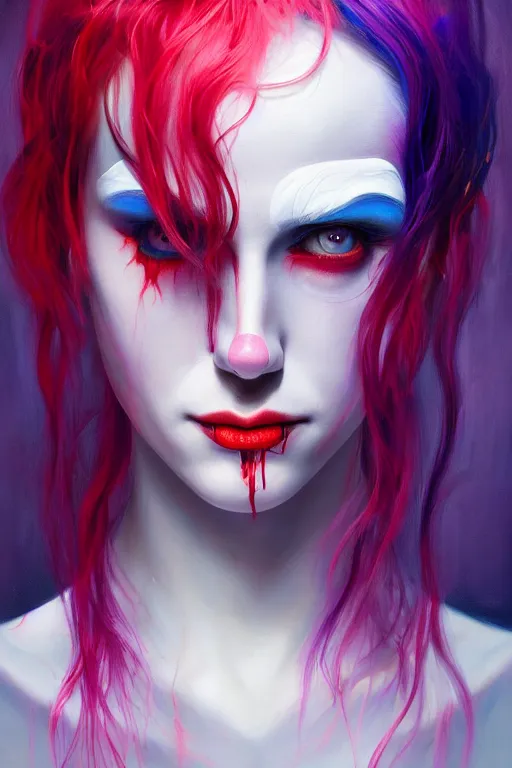 Image similar to 🤡💔, phantom, dreary, dramatic, fluid, iridescent, golden ratio, artstation, moebius + loish + wlop, hd, oil painting, hyper realistic,