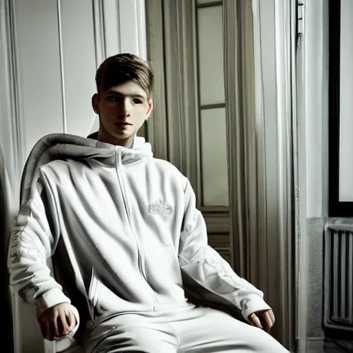 Image similar to Young white Almighty God, wearing tracksuit sitting in armchair in poor european apartment. Perfect composition. Digital art, in style of Viktor Miller-Gausa, intricate stunning texture and details, fine detailed face. Dramatic lighting
