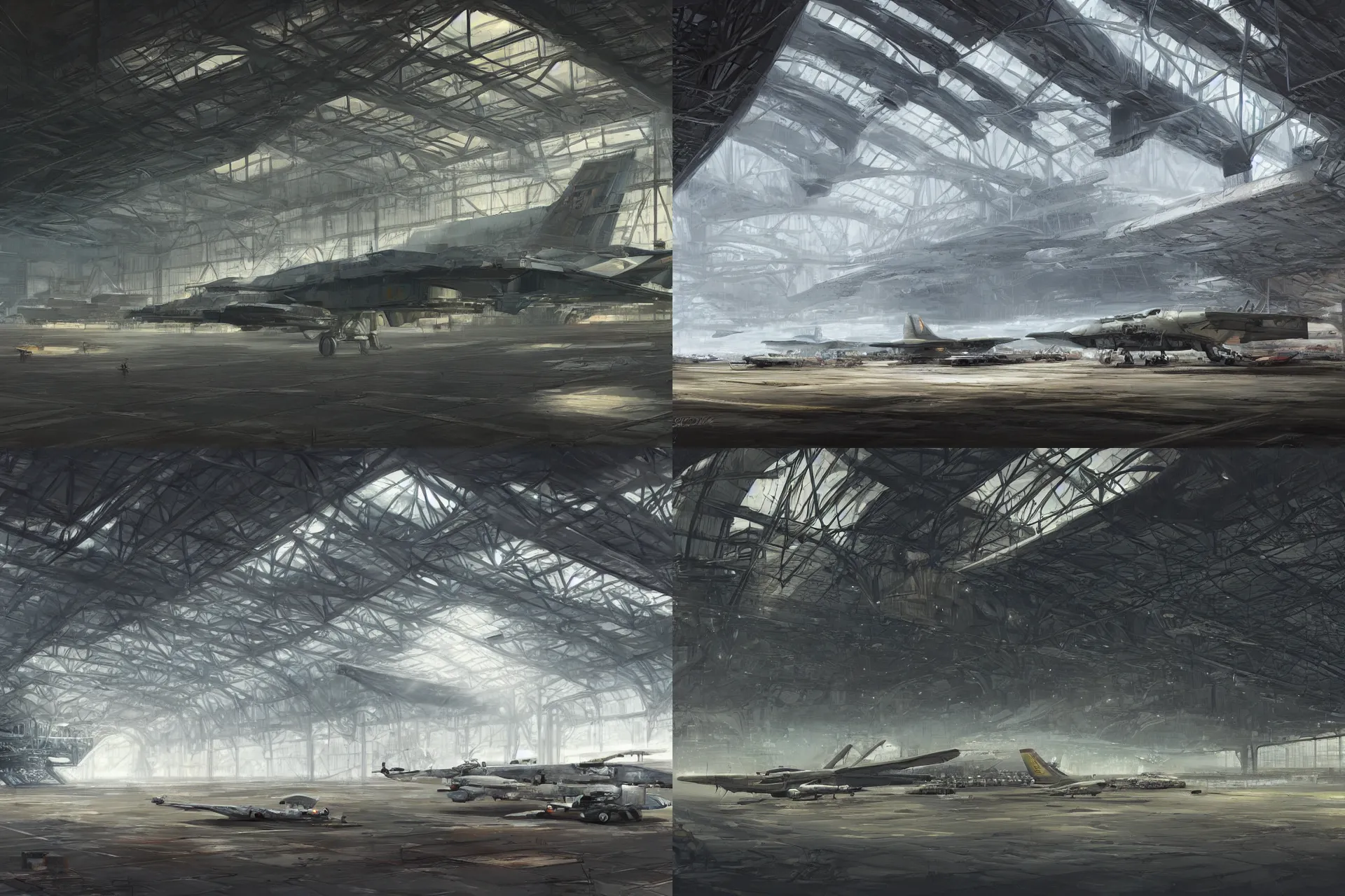 Prompt: a scene of a military airplane hangar, concept art by richard wright, cgsociety, fantasy art, biomorphic, artstation hq, concept art