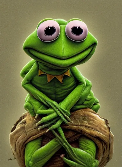 Image similar to portrait of Kermit the frog in Society (1989), highly detailed, centered, solid color background, digital painting, artstation, concept art, smooth, sharp focus, illustration, artgerm, donato giancola, Joseph Christian Leyendecker, Les Edwards, WLOP, Lovecraftian