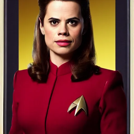 Prompt: a beautiful full body photograph of younger hayley atwell as a star fleet officer from star trek next generation, full dress uniform, symmetrical face, extreme realism and detail, 8 k, completely framed, direct lighting, 3 5 mm photo, photorealistic, sharp focus