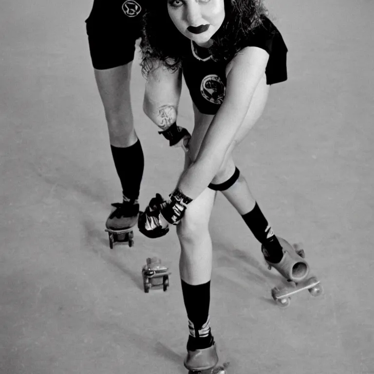 Prompt: photo portrait of a vintage 1 9 7 0 s badass roller derby girl, professional photograph