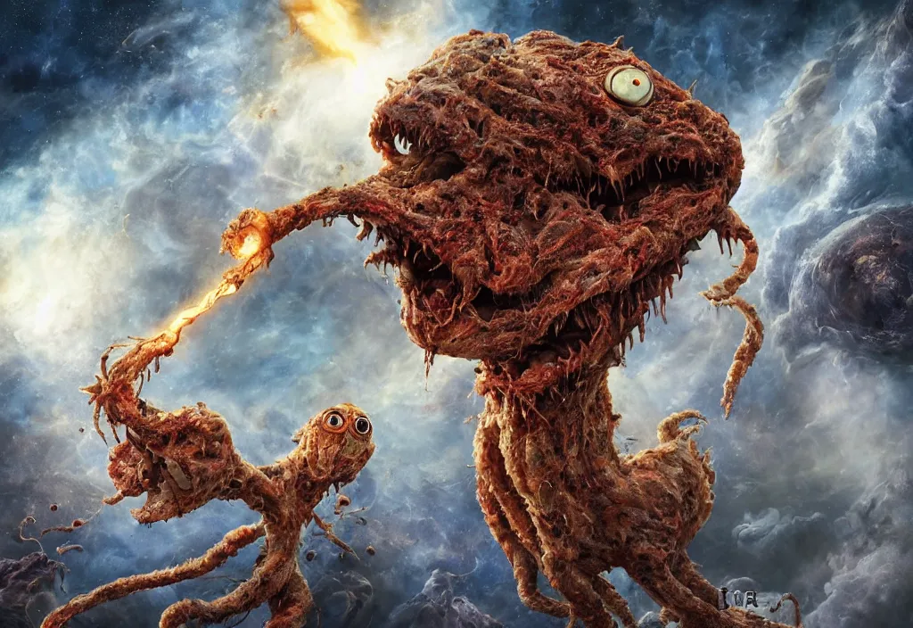 Image similar to eldritch horror bloody garfield in space, hd, 8 k, giant, epic, realistic photo, unreal engine, prophecy, powerful, cinematic lighting, destroyed planet, debris, violent, sinister, ray tracing, dynamic, epic composition, dark, horrific, teeth, grotesque, monochrome drawing, hellscape, corpses, foreboding, lightning, cartoon eyes