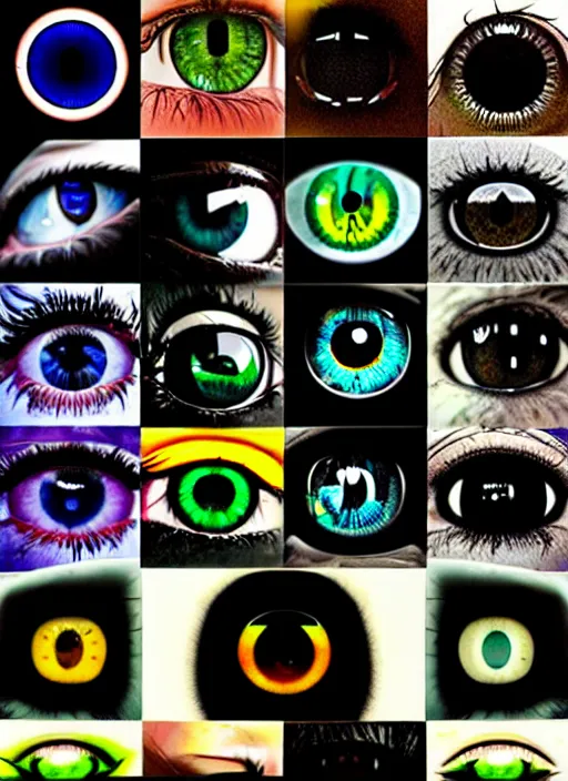 Image similar to grid montage of cube shaped eyes, square shaped black dilated pupils, cube shaped irises, detailed colored textures, eyelashes, advanced art, art styles mix, from wikipedia, wet reflections in square eyes, sunshine light, hd macro photograph, from side, various eyelid positions, square black pupil centered