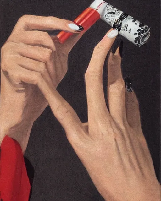 Image similar to you can see in the picture, acurate, real, elegant female hand, holding a cigarette with her fingers, elegant up to the elbow, only five fingers, separated, elegant, neat nails, fotorealism, advertisement for a crossover salon, style by Maurits Cornelis Escher, 8k,