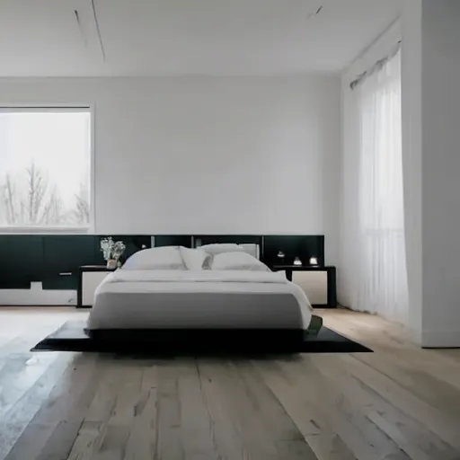 Prompt: Bedroom with Minimalistic Art on the walls, white furtniture, big windows with sunlight coming in