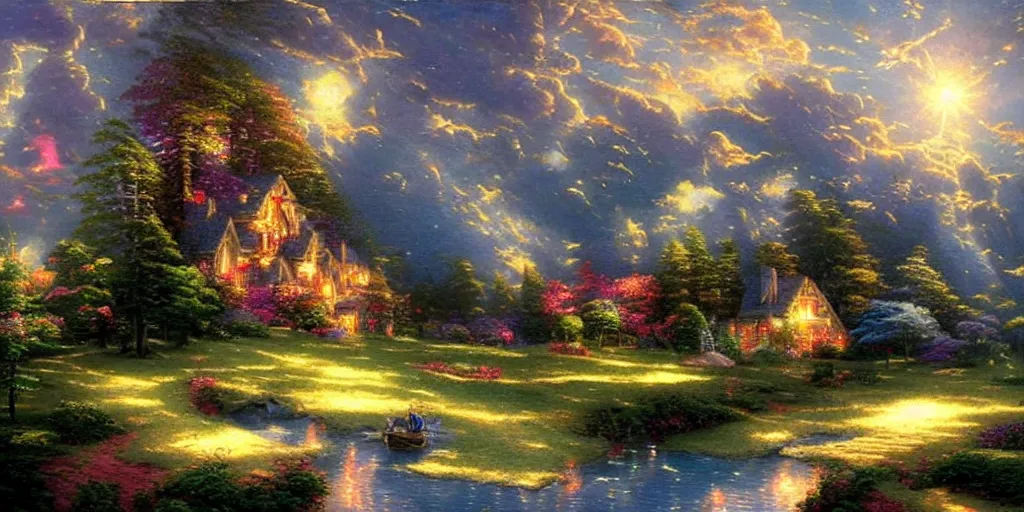 Prompt: a spaceship above a beautiful nature, thomas kinkade