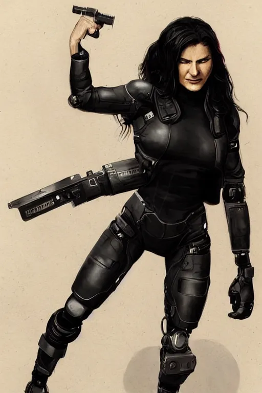 Image similar to gina carano with robotic left arm, casual black clothing, casual pose, large portrait, cyberpunk, digital painting, artstation, concept art, smooth, 8 k frostbite 3 engine, ultra detailed, art by artgerm and greg rutkowski and magali villeneuve