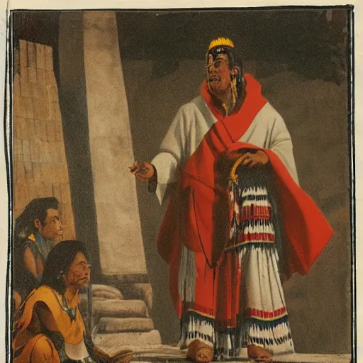 Image similar to a photograph of a aztec priest preying at a temple