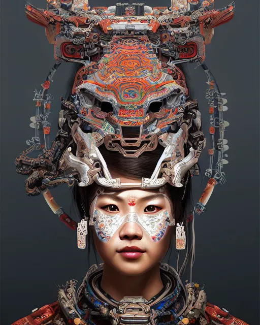 Image similar to portrait of a machine from horizon zero dawn, machine face, upper body, decorated with chinese opera motifs, asian, traditional chinese art, intricate, elegant, highly detailed, digital painting, artstation, concept art, smooth, sharp focus, illustration, art by artgerm and greg rutkowski and alphonse mucha, 8 k