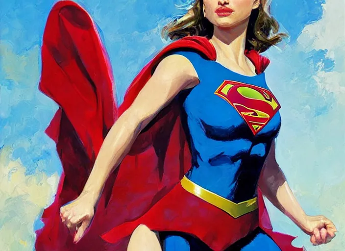 Image similar to a highly detailed beautiful portrait of natalie portman as supergirl, by gregory manchess, james gurney, james jean