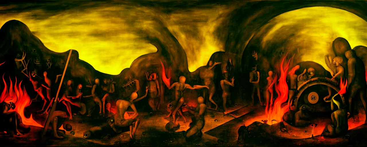 Image similar to trapped on a hedonic treadmill, dark uncanny surreal painting by bosch, dramatic lighting from fire glow, mouth of hell, ixions wheel