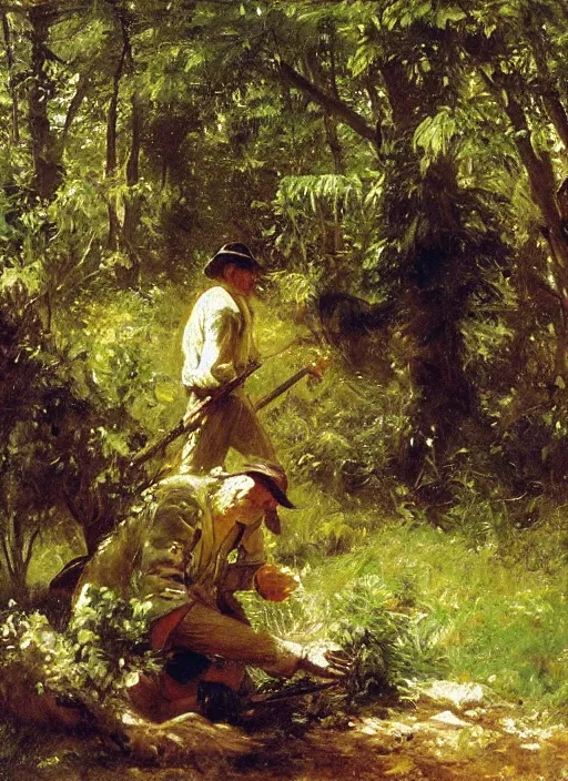 Prompt: artwork painting of a lush environment, a man is digging a grave, by eugene von guerard, ivan shishkin, john singer sargent